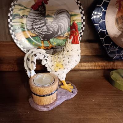 DECORATIVE WOODEN ROOSTERS AND PLATES, SALT/PEPPER SHAKERS, CANDLE HOLDER AND MAGNET