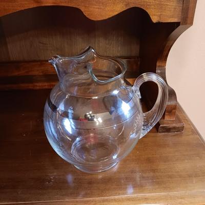 GLASS PITCHER AND DRINKING GLASSES WITH A SILVER BAND