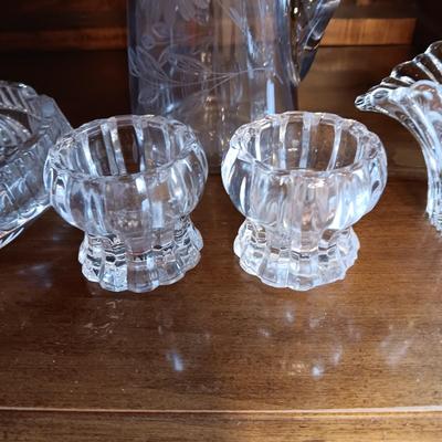 CRYSTAL ETCHED PITCHER AND ASHTRAY, GLASS BASKET AND CANDLE HOLDERS