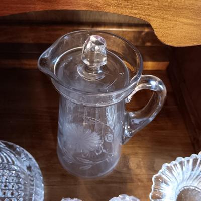 CRYSTAL ETCHED PITCHER AND ASHTRAY, GLASS BASKET AND CANDLE HOLDERS