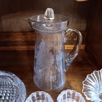 CRYSTAL ETCHED PITCHER AND ASHTRAY, GLASS BASKET AND CANDLE HOLDERS