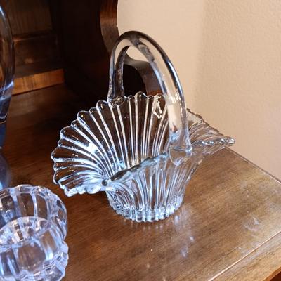 CRYSTAL ETCHED PITCHER AND ASHTRAY, GLASS BASKET AND CANDLE HOLDERS