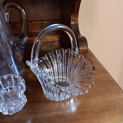CRYSTAL ETCHED PITCHER AND ASHTRAY, GLASS BASKET AND CANDLE HOLDERS