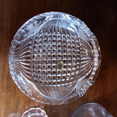 CRYSTAL ETCHED PITCHER AND ASHTRAY, GLASS BASKET AND CANDLE HOLDERS