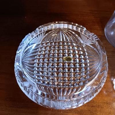 CRYSTAL ETCHED PITCHER AND ASHTRAY, GLASS BASKET AND CANDLE HOLDERS