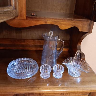 CRYSTAL ETCHED PITCHER AND ASHTRAY, GLASS BASKET AND CANDLE HOLDERS