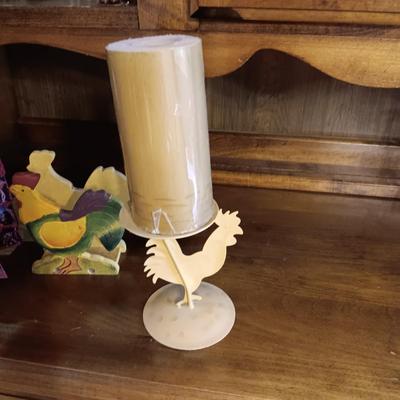 WOODEN ROOSTER AND NAPKIN HOLDER PLUS A METAL CANDLE HOLDER