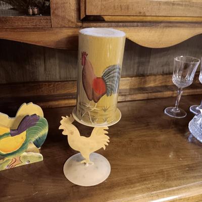 WOODEN ROOSTER AND NAPKIN HOLDER PLUS A METAL CANDLE HOLDER