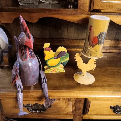 WOODEN ROOSTER AND NAPKIN HOLDER PLUS A METAL CANDLE HOLDER