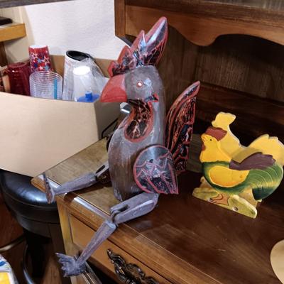 WOODEN ROOSTER AND NAPKIN HOLDER PLUS A METAL CANDLE HOLDER