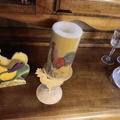 WOODEN ROOSTER AND NAPKIN HOLDER PLUS A METAL CANDLE HOLDER