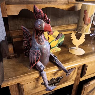 WOODEN ROOSTER AND NAPKIN HOLDER PLUS A METAL CANDLE HOLDER