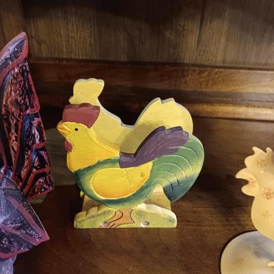 WOODEN ROOSTER AND NAPKIN HOLDER PLUS A METAL CANDLE HOLDER