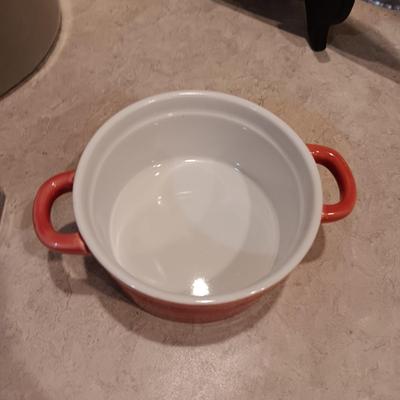 CLAY CROCK, 2 SMALL BAKING DISHES, SHAKERS, PLATTER AND HAMMERED ALUMINUM TRAY