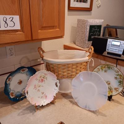 VINTAGE SERVING PLATES, BREAD BASKET AND A UTENSIL HOLDER