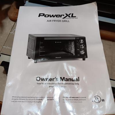 POWER XL AIR FRYER GRILL, WOODEN CUTTING BOARD AND FAUX PLANT