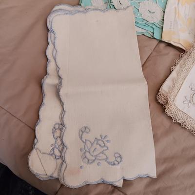 HANKIES, TEA TOWELS, DAMASK TABLECLOTH AND LINEN NAPKINS