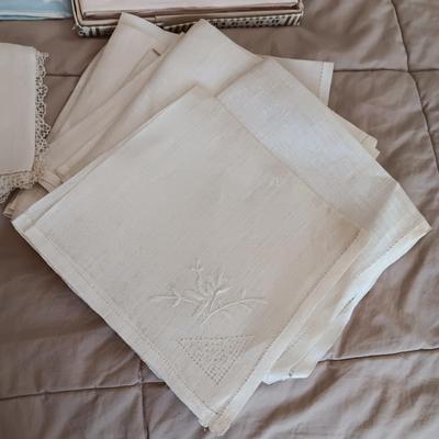HANKIES, TEA TOWELS, DAMASK TABLECLOTH AND LINEN NAPKINS