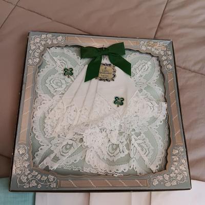 HANKIES, TEA TOWELS, DAMASK TABLECLOTH AND LINEN NAPKINS