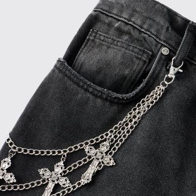 Punk Silver Jean Chain with Multiple Cross Charms – Goth Biker Hip Hop Pants Accessory