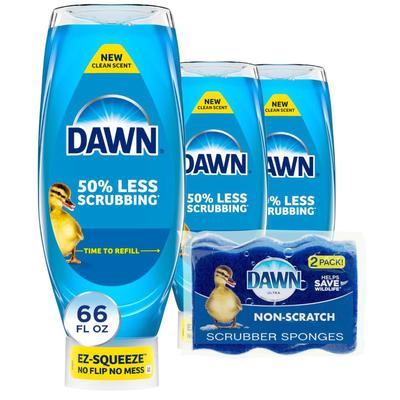 Dawn EZ-Squeeze Dish Soap 22oz (3-Pack) + 2 Non-Scratch Sponges – Original Scent