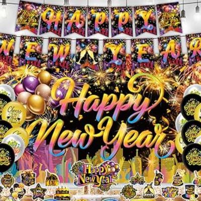 38-Piece Pink & Gold Happy New Years Decorations Set - Includes Banner, Photo Backdrop, Balloons, Cake Toppers
