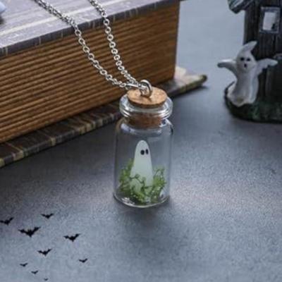 Adopt a Ghost Drifting Bottle w/Cork Lid Necklace w/Glow in the Dark Ghost & Greenery