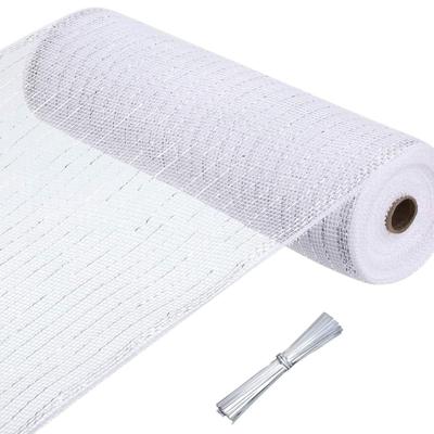 1 Roll Poly Mesh Ribbon, 10 Inch x 50 Feet, and 100 Pieces Twist Ties for Wreaths, Basket and Craft Home Decoration (White, Silver)
