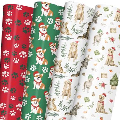 6 Sheets (28" x 40") Dog Christmas Wrapping Paper Set - Funny Gift Wrap with Red Christmas Paw Prints, Green Corgis, Santa...