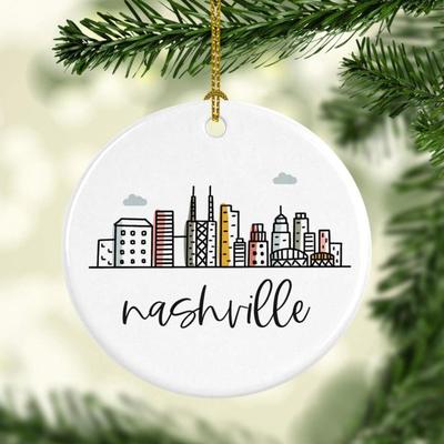 Andaz Press Round Ceramic Porcelain Christmas Tree Ornament Keepsake, Nashville Colorful City Skyline 1-Pack Birthday Ideas Family...