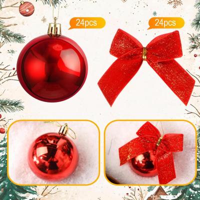 24 Piece Red Plastic Christmas Ball Hanging Ornaments w/Glitter Bow - Wreath Acrylic Fillable Ball Ribbon Bow for Christmas Tree Home...
