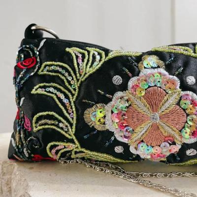 Sale Photo Thumbnail #79: Vintage Black Satin Wire Beaded Embroidered Floral Evening Bag Crossbody Clutch