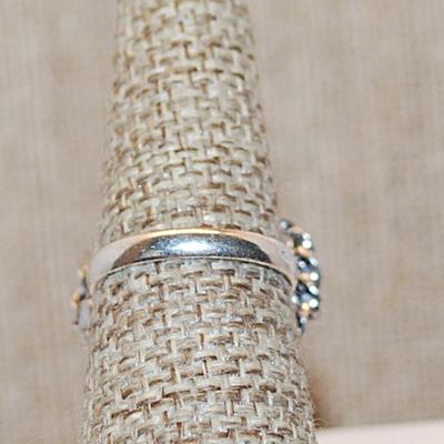 Size 7 Marked .925 Triangle Shape IRIDESCENT BLUES AGATE Gemstone Ring with Silver-Plated Band (8.4g)