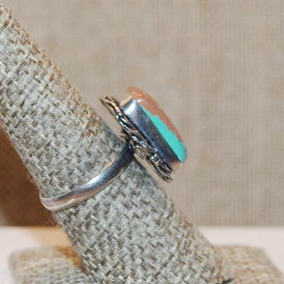 Size 7½ Marked .925 Rectangle Shaped CLAY & BLUE AGATE Gemstone Ring with Silver-Plated Band (5.2g)