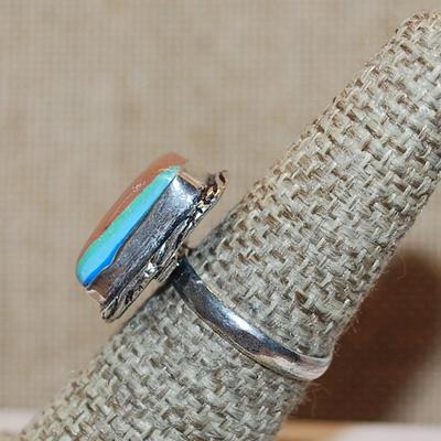 Size 7½ Marked .925 Rectangle Shaped CLAY & BLUE AGATE Gemstone Ring with Silver-Plated Band (5.2g)