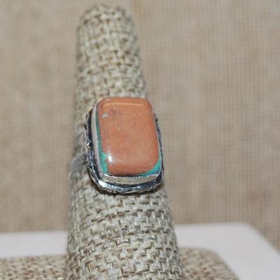 Size 7½ Marked .925 Rectangle Shaped CLAY & BLUE AGATE Gemstone Ring with Silver-Plated Band (5.2g)