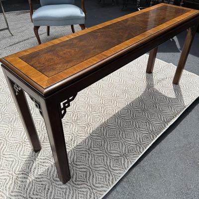 Drexel console table with two matching upholstered stools