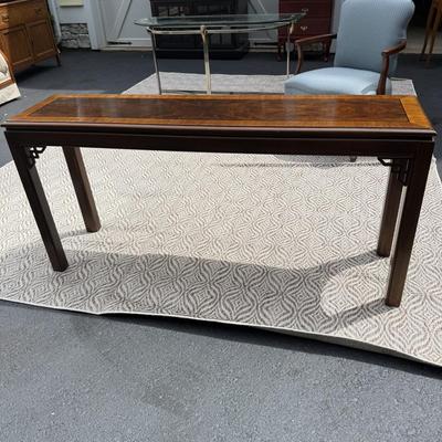 Drexel console table with two matching upholstered stools