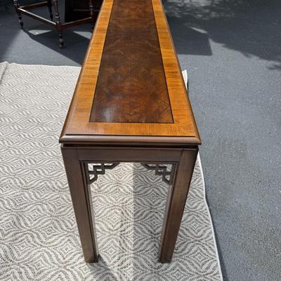 Drexel console table with two matching upholstered stools