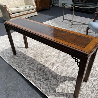 Drexel console table with two matching upholstered stools