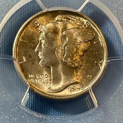 PCGS CERTIFIED 1945-S MS66 MERCURY SILVER DIME AS PICTURED. (COIN #1356)