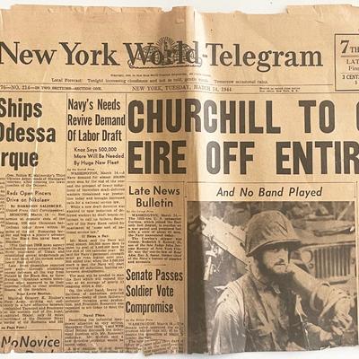 WWII 1944 New York World Telegram Original Vintage Newspaper - Churchill to Cut of Eire Entirely