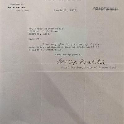 Connecticut Chief Justice W.M. M. Maltbie Signed Letter