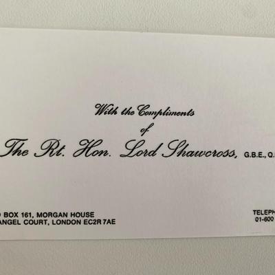 Sir Hartley W. Shawcross unsigned business card.