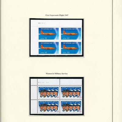 1997 US stamp collector sheet featuring First Supersonic Flight 50th Anniversary and Women in Military Service stamps
