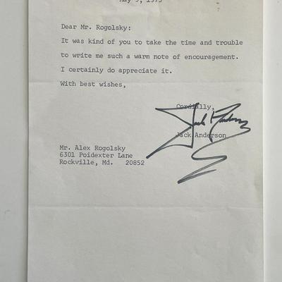 Newspaper columnist Jack Anderson signed note