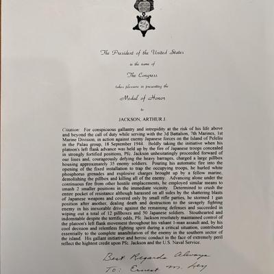 WW2 MOH Recipient Arthur J. Jackson Signed Page