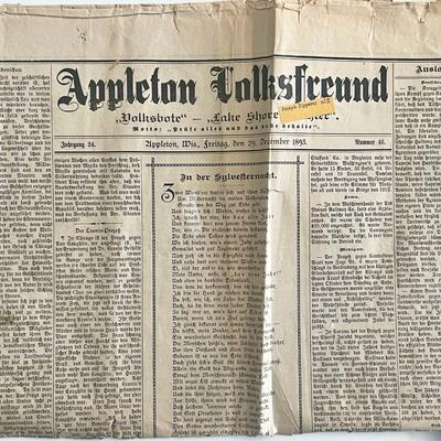 1893 Appleton Volksfreund German Language Vintage Newspaper