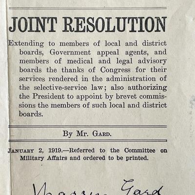 Political Resolution 1919 Warren Gard signed letter