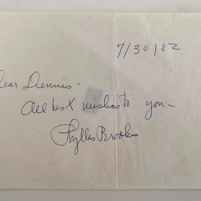 Actress Phyllis Brooks signed note